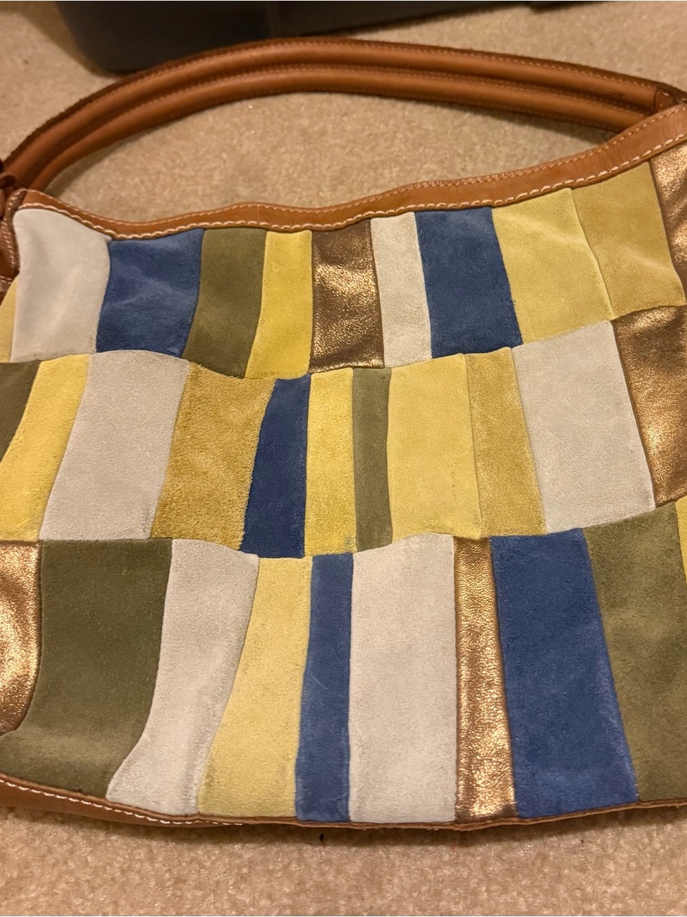 Fossil Patchwork Suede Shoulder Bag in Yellow, Blue, Olive, Cream & Gold